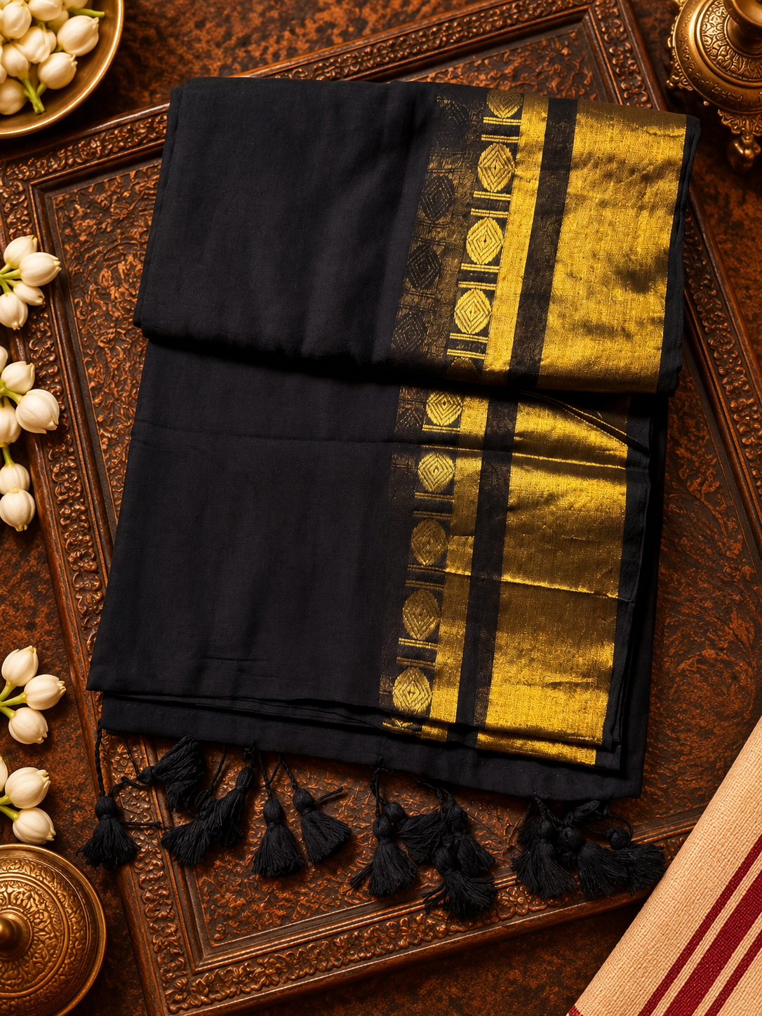 Black Mul Cotton Saree with Golden Zari Border