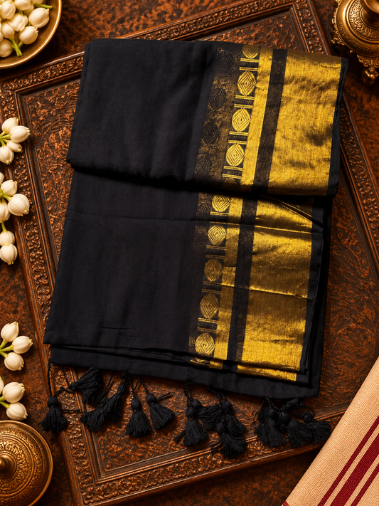 Black Mul Cotton Saree with Golden Zari Border