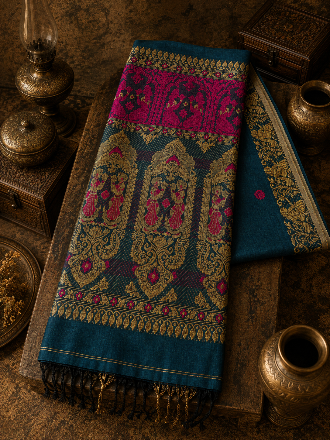 Teal Blue Jacquard Handwoven Soft Cotton Saree with Traditional Motifs
