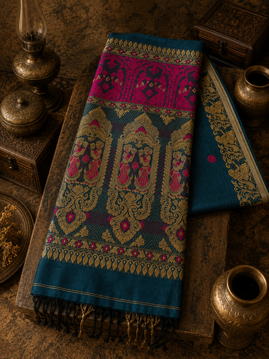 Teal Blue Jacquard Handwoven Soft Cotton Saree with Traditional Motifs
