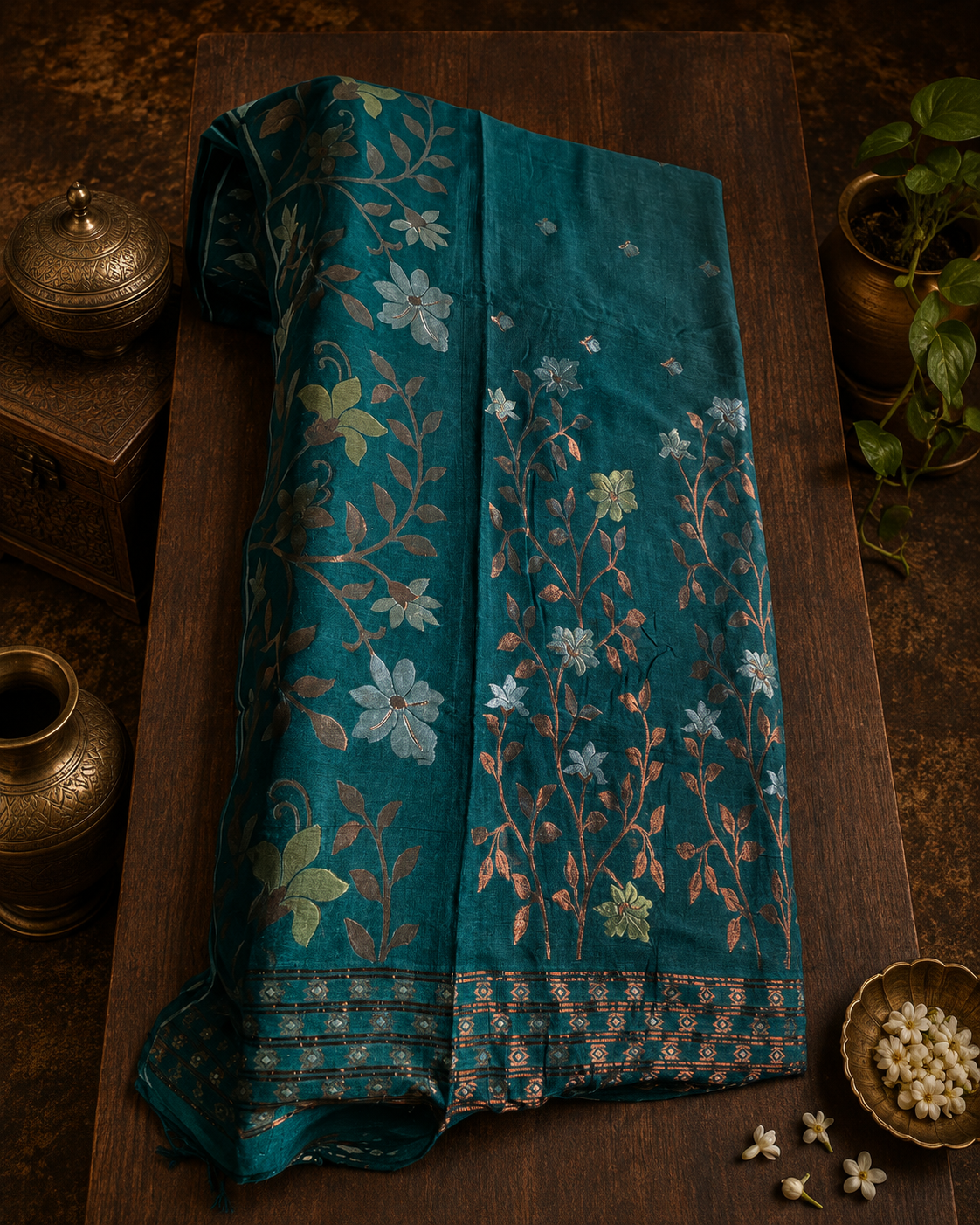Teal Green Handwoven Soft Cotton Saree With Paithani Motifs