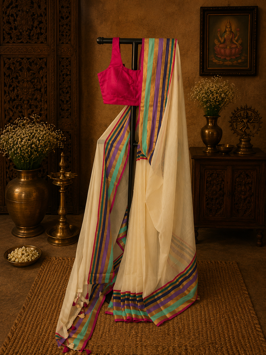 Off white mul cotton saree with multicoloured border