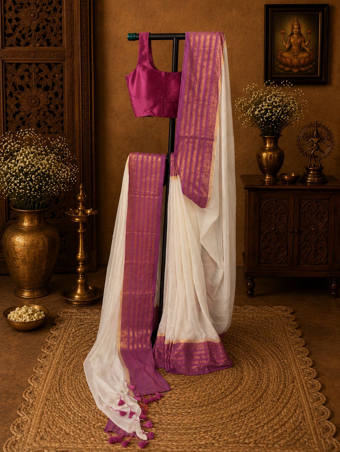 Off white mul cotton saree with purple golden stripes border