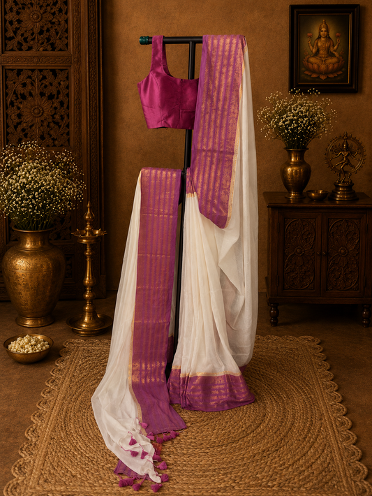 Off white mul cotton saree with purple golden stripes border