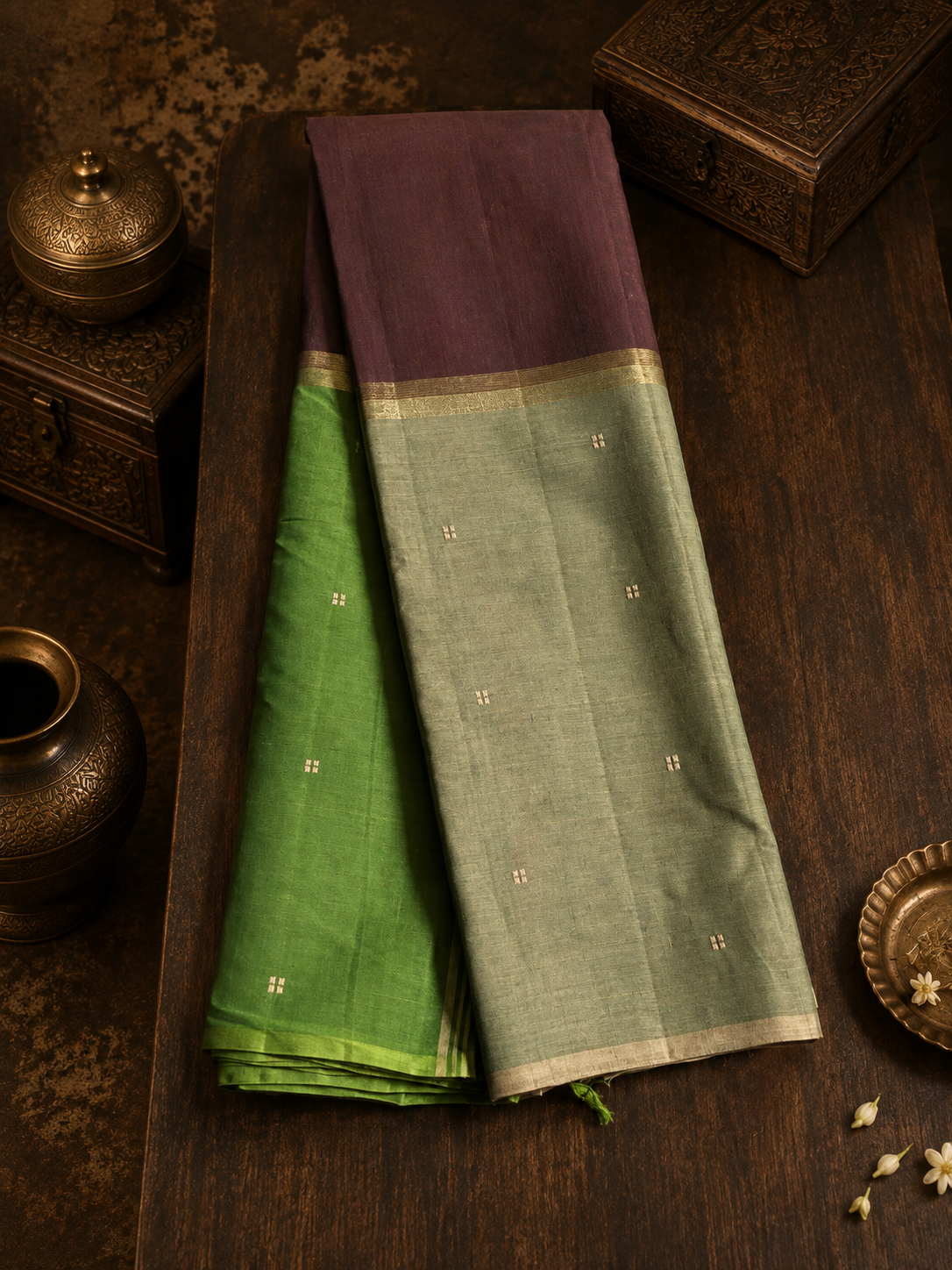 Mubbagam Handloom Cotton Saree with Green, Maroon, Sage Green and Golden Zari Stripes