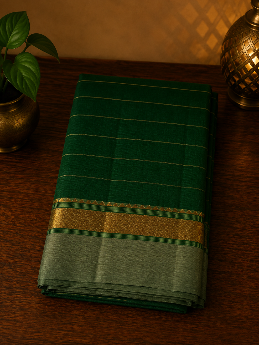 Bottle green handwoven cotton saree with sage green and golden zari border and stripes