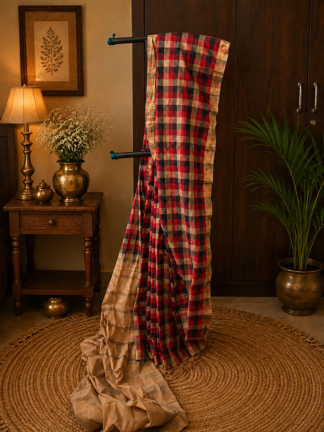 Handwoven cotton saree with red, black, beige checks and golden zari border
