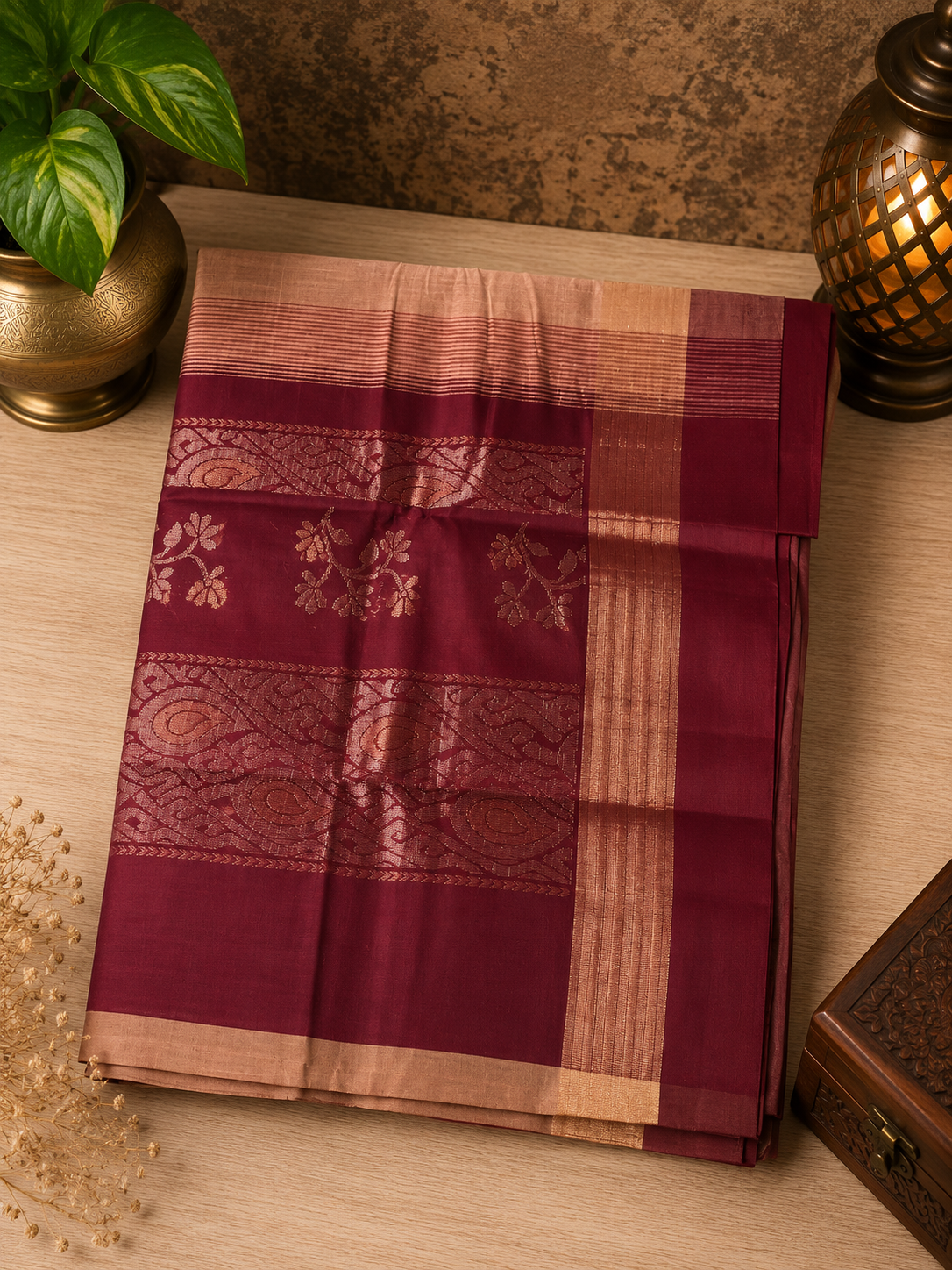 Beige handwoven cotton saree with golden and silver zari work with rich burgundy pallu