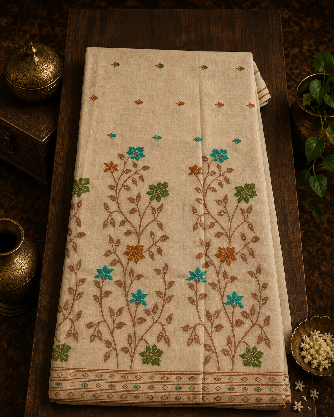 Beige Handwoven Soft Cotton Saree with Paithani Motifs
