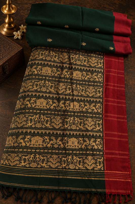 Bottle Green Handwoven Soft Cotton Saree with Warli Art of Community Life
