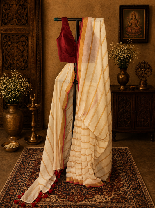 Off white mul cotton saree with golden stripes and red selvage