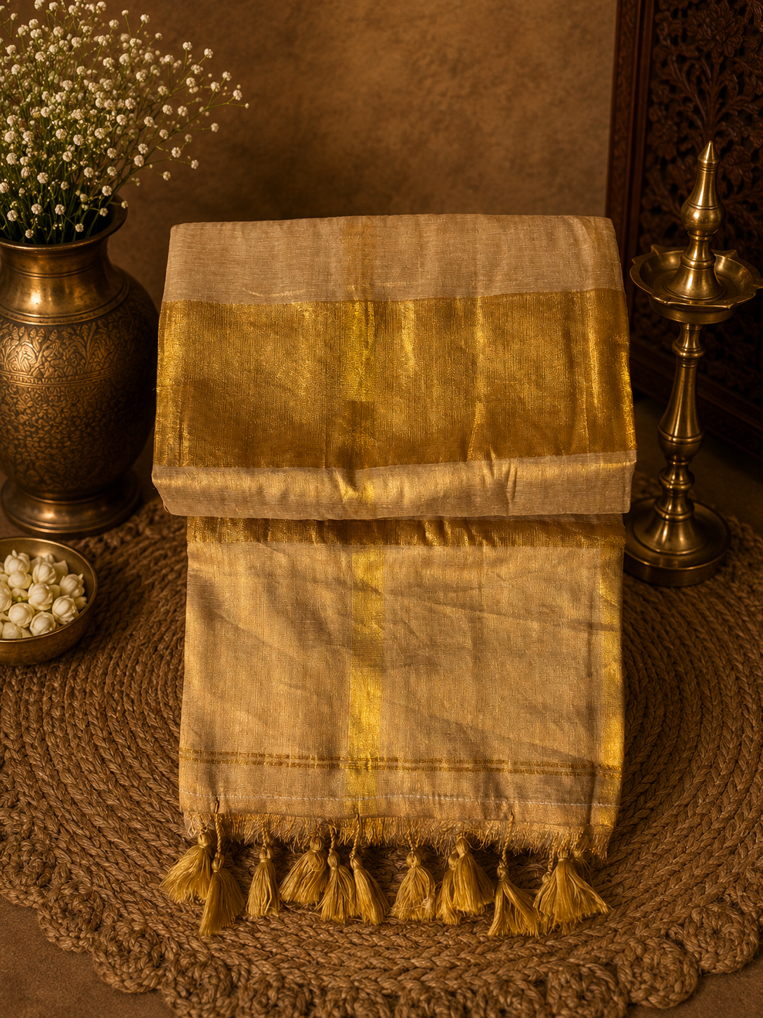 Beige golden pure cotton tissue saree