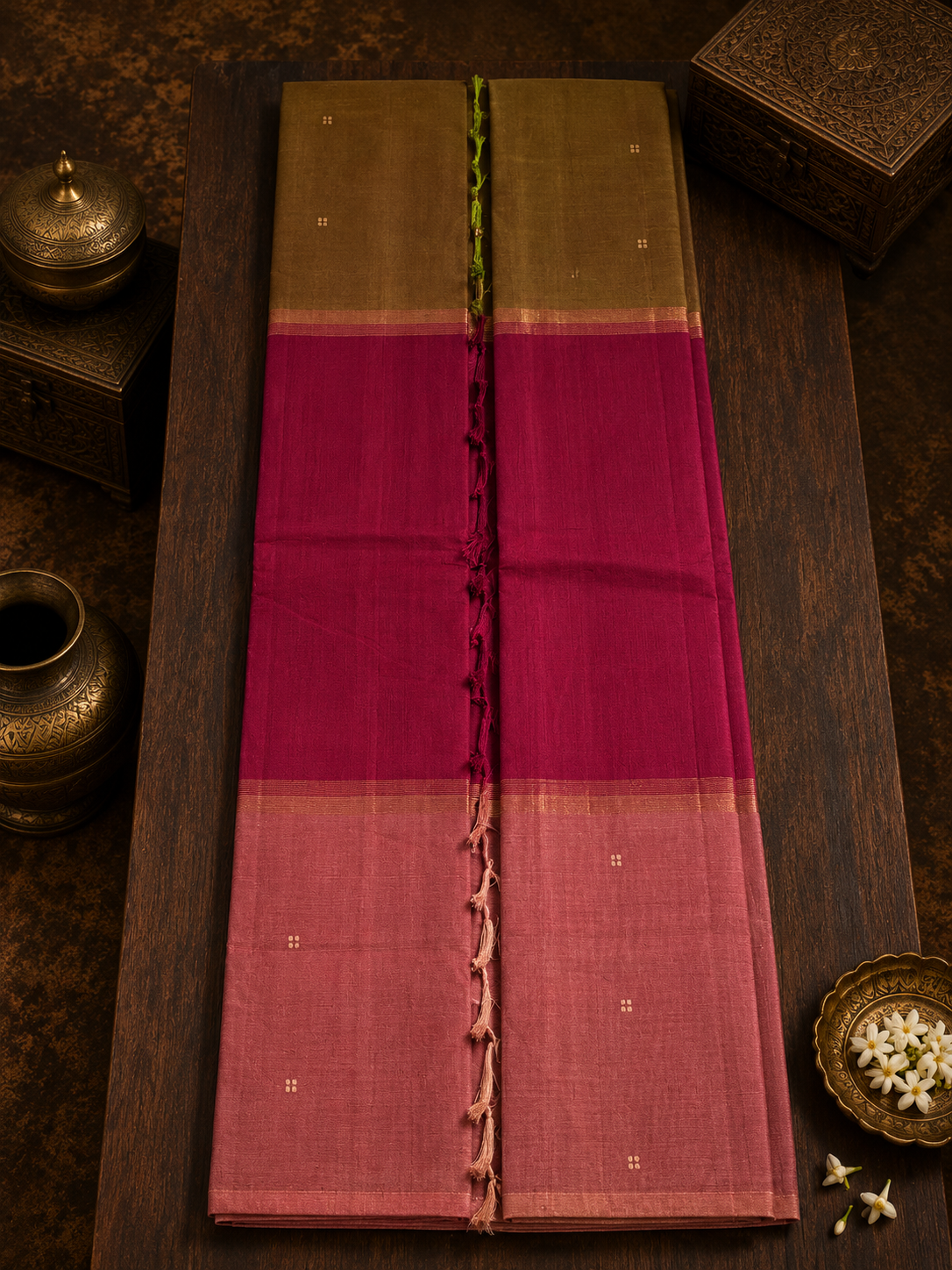 Mubbagam Handwoven Cotton Saree with Olive Green, Royal Magenta, Dusty Rose and Golden Zari Stripes