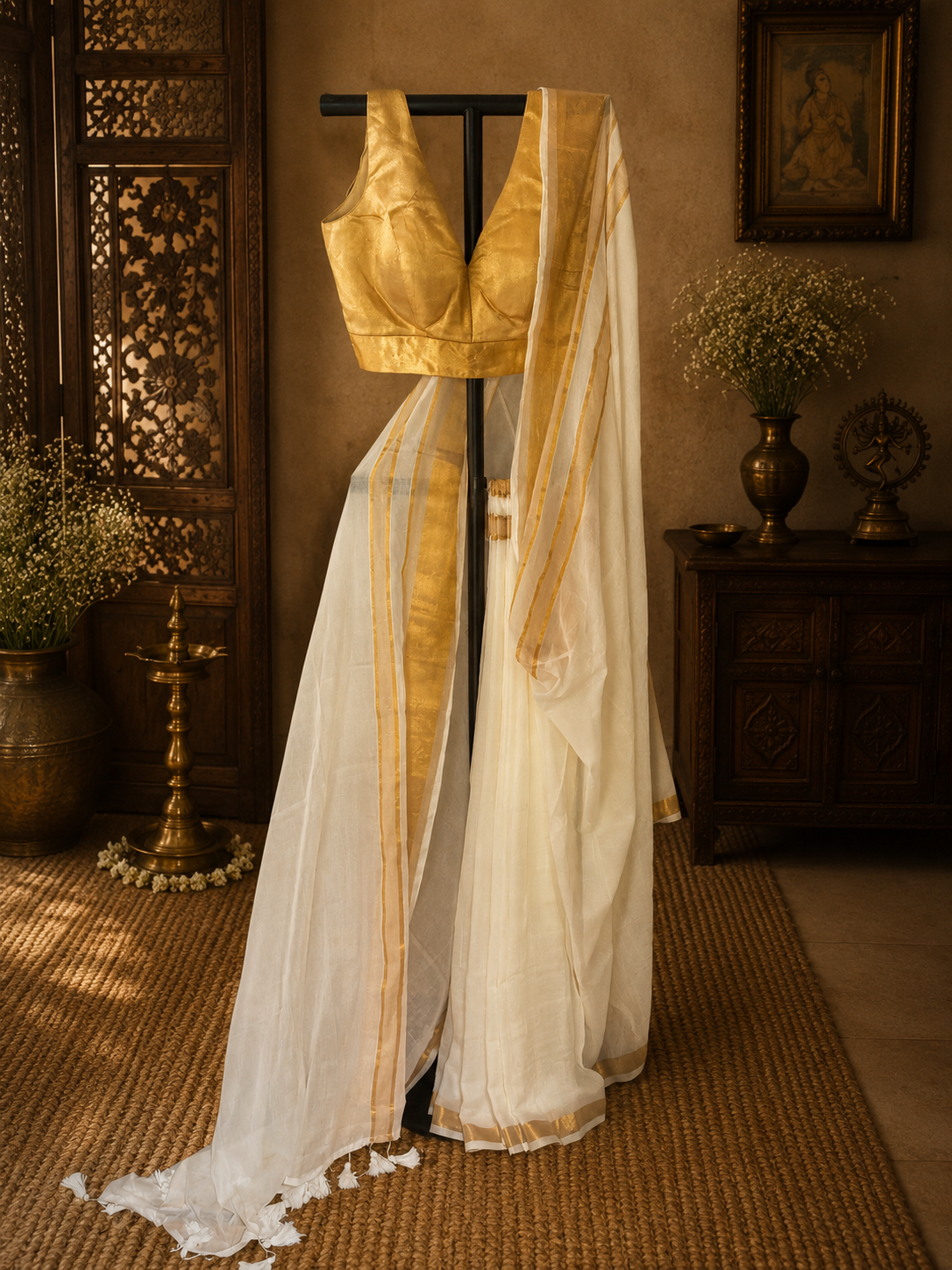 Off white mul cotton saree with golden zari