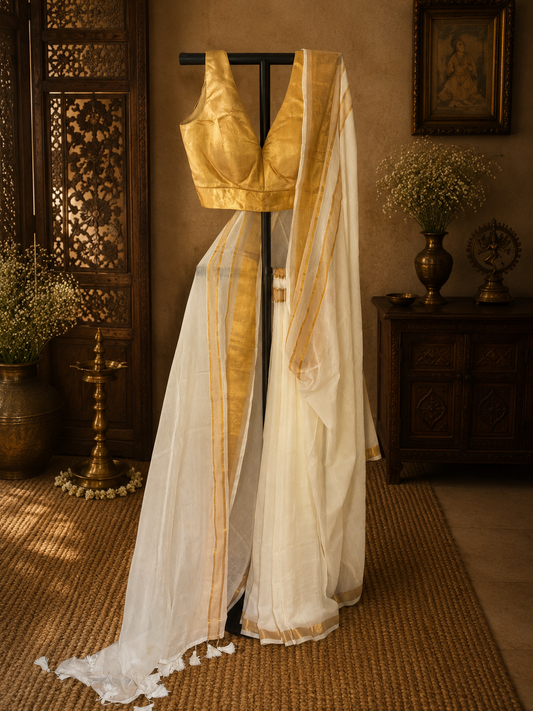 Off white mul cotton saree with golden zari