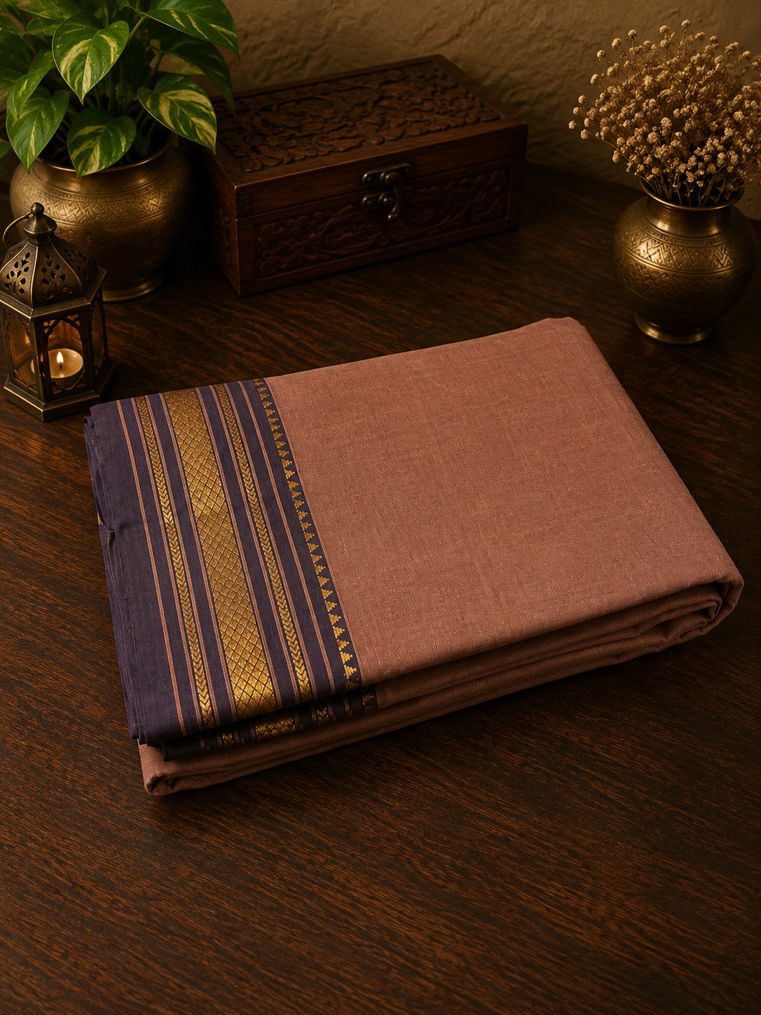 Cinnamon Brown Handwoven Cotton Saree with Violet Golden Zari Border
