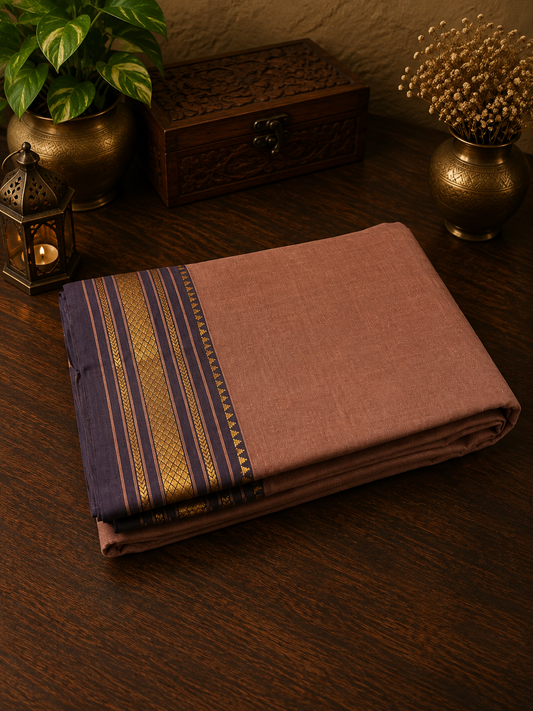 Cinnamon Brown Handwoven Cotton Saree with Violet Golden Zari Border