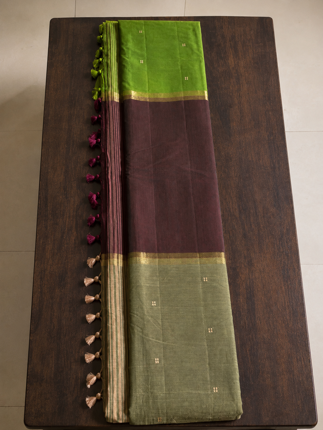 Mubbagam Handloom Cotton Saree with Green, Maroon, Sage Green and Golden Zari Stripes