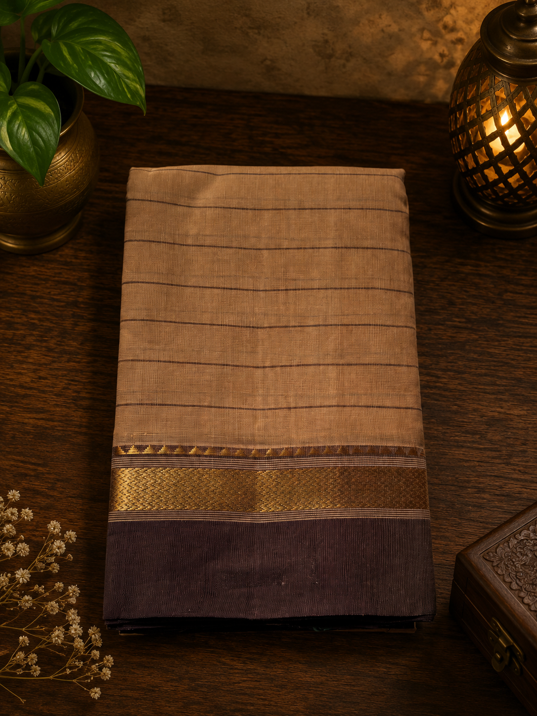 Mocha brown handwoven cotton saree with dark purple with golden zari border and stripes