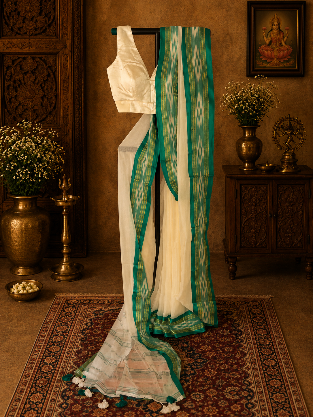 Off white mul cotton with green Ikkat style border