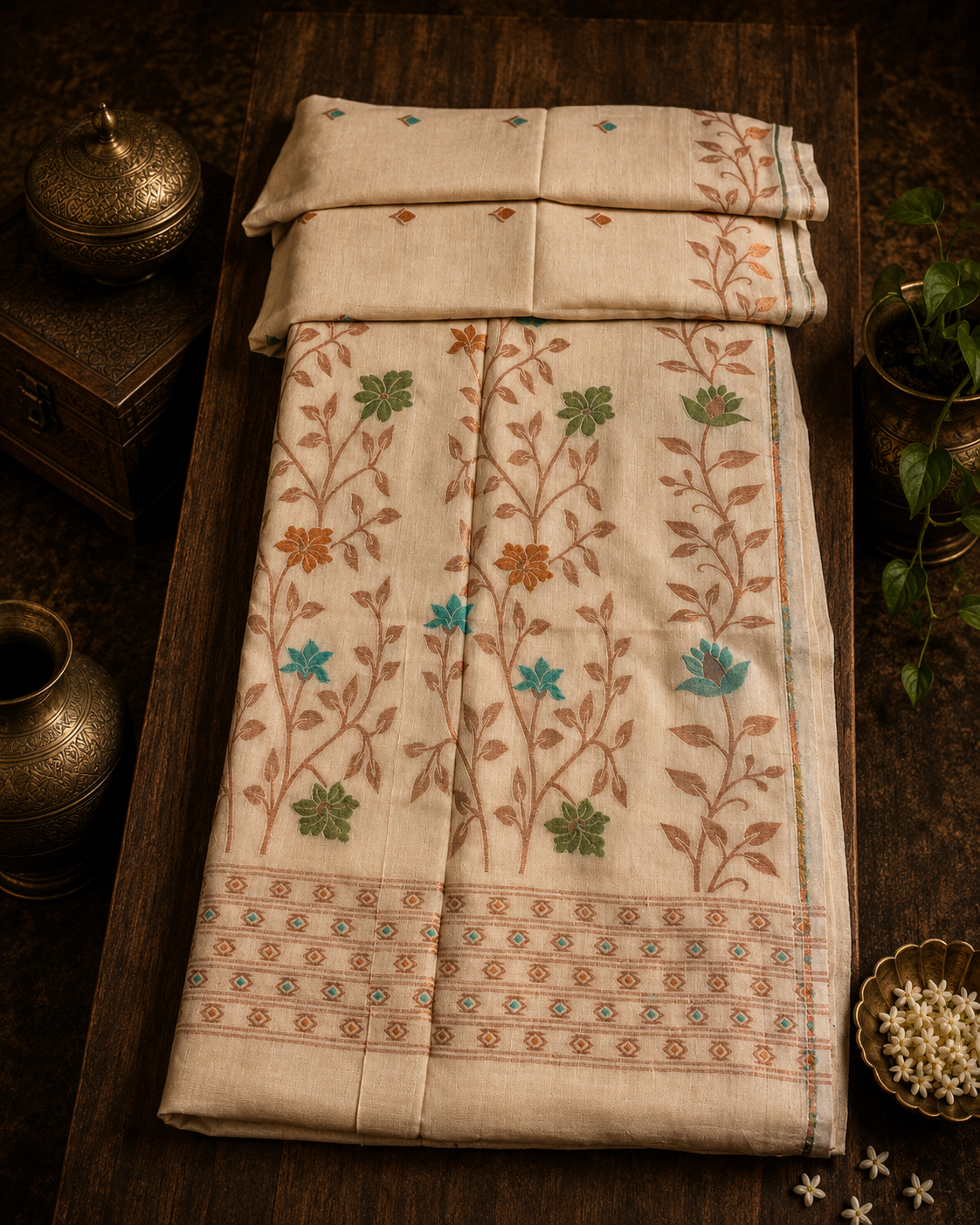 Beige Handwoven Soft Cotton Saree with Paithani Motifs