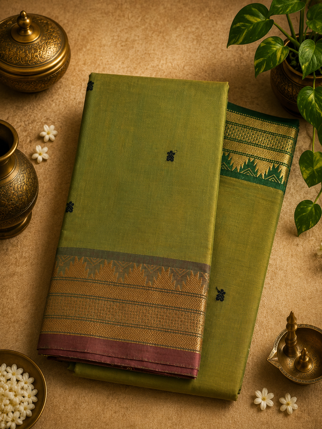 Olive Green and Yellow Dual-Tone Cotton Saree with Ganga Jamuna Border