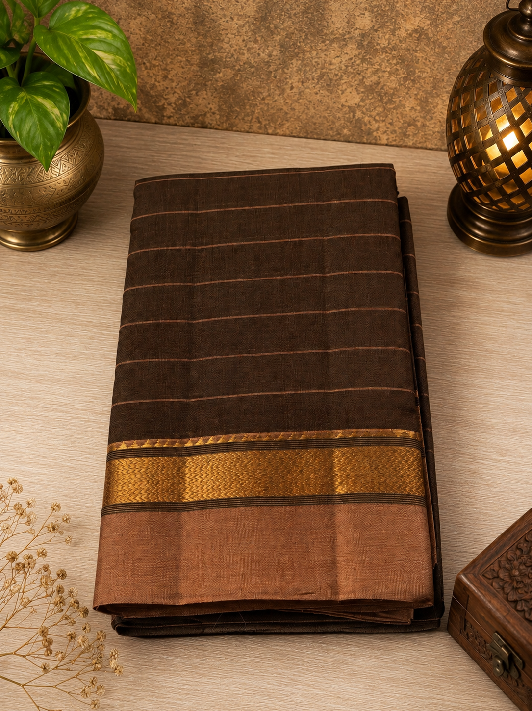 Olive brown handwoven cotton saree with brown and golden zari border and stripes