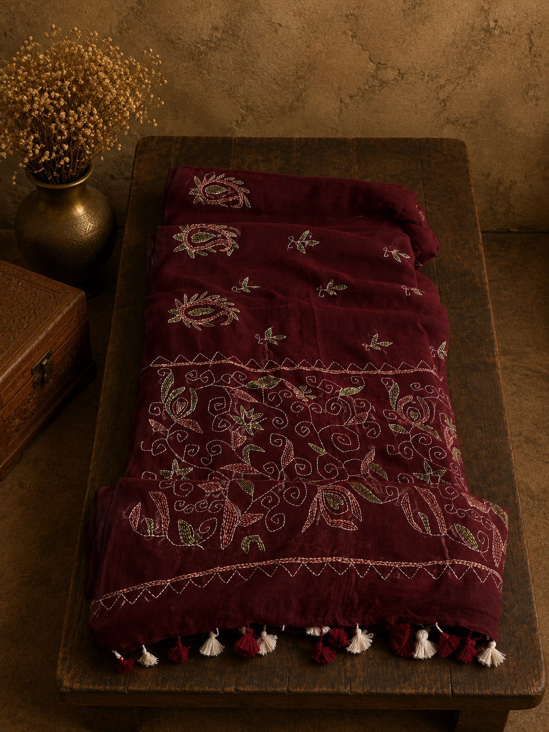 Maroon Mul Cotton Saree with Hand-Embroidered Kantha Stitch