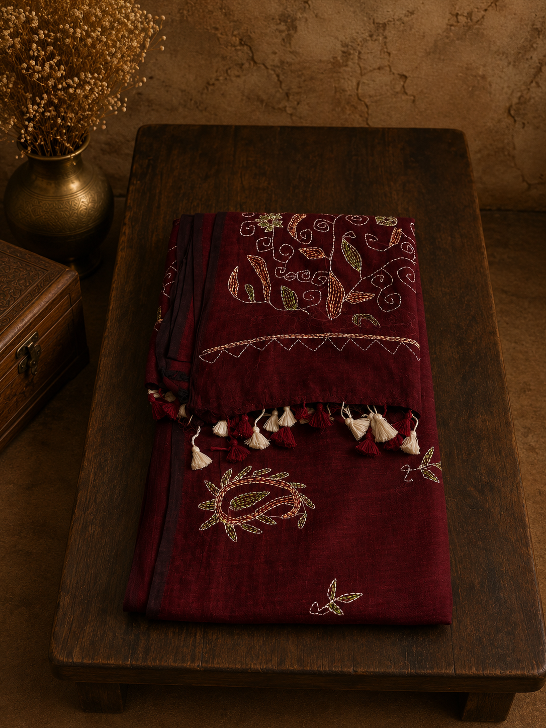 Maroon Mul Cotton Saree with Hand-Embroidered Kantha Stitch