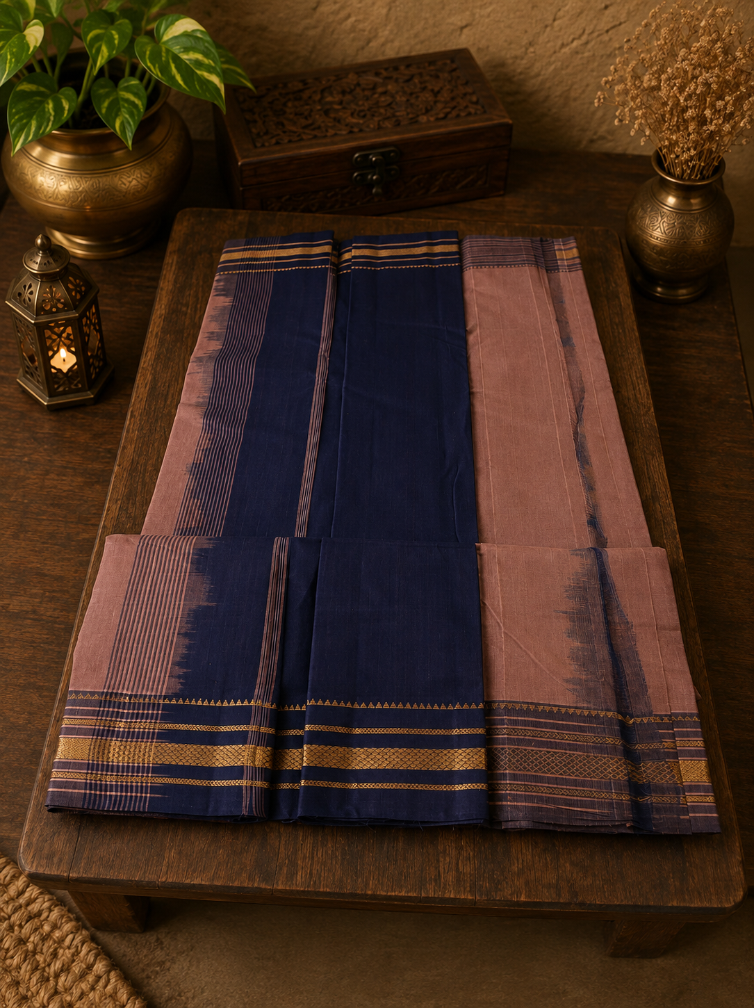 Cinnamon Brown Handwoven Cotton Saree with Violet Golden Zari Border