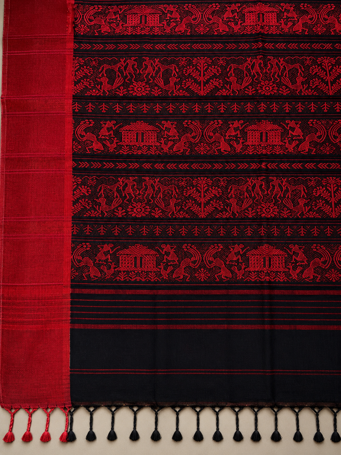 Black Handwoven Soft Cotton Saree with Warli Art of Community Life