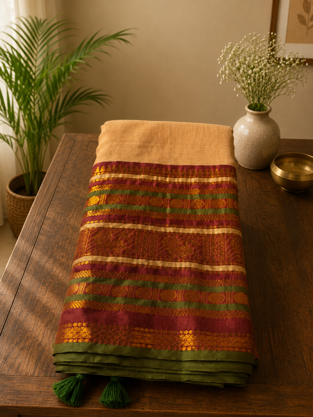 Natural beige Mul Cotton Saree with Traditional South Blend maroon and olive green zari border