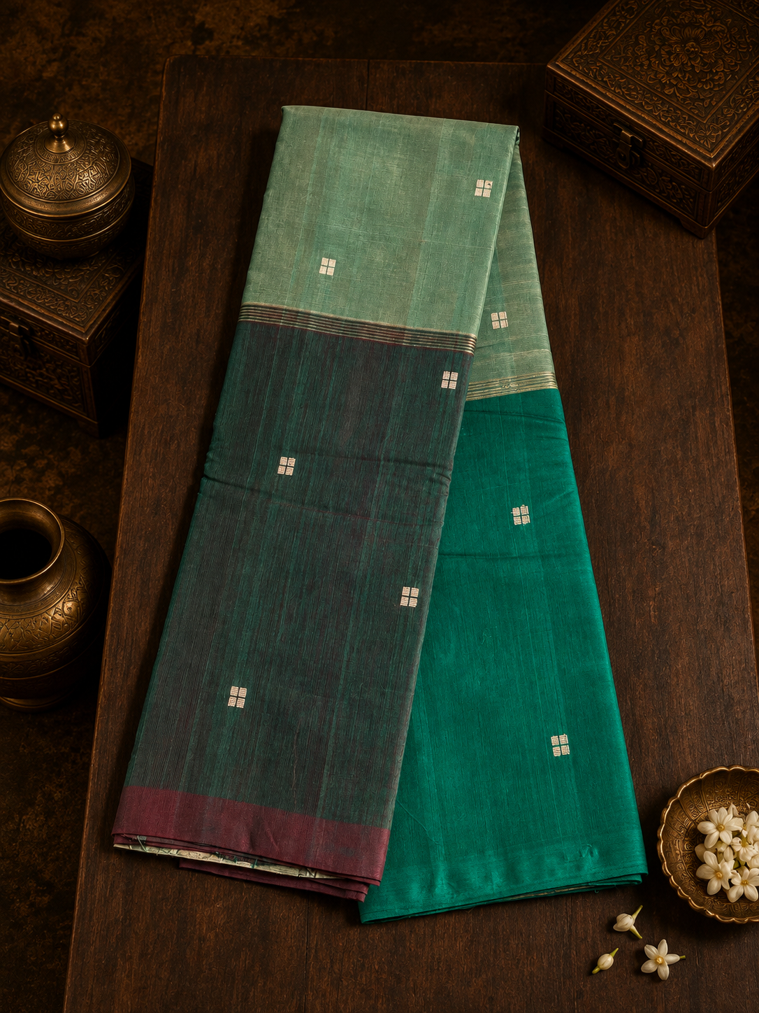 Mubbagam Handwoven Cotton Saree with Bottle Green, Sage Green, Green and Golden Zari Stripes