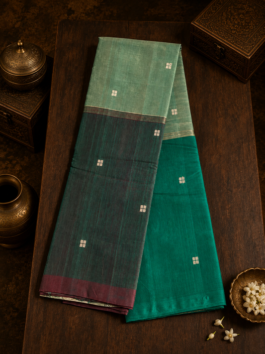 Mubbagam Handwoven Cotton Saree with Bottle Green, Sage Green, Green and Golden Zari Stripes