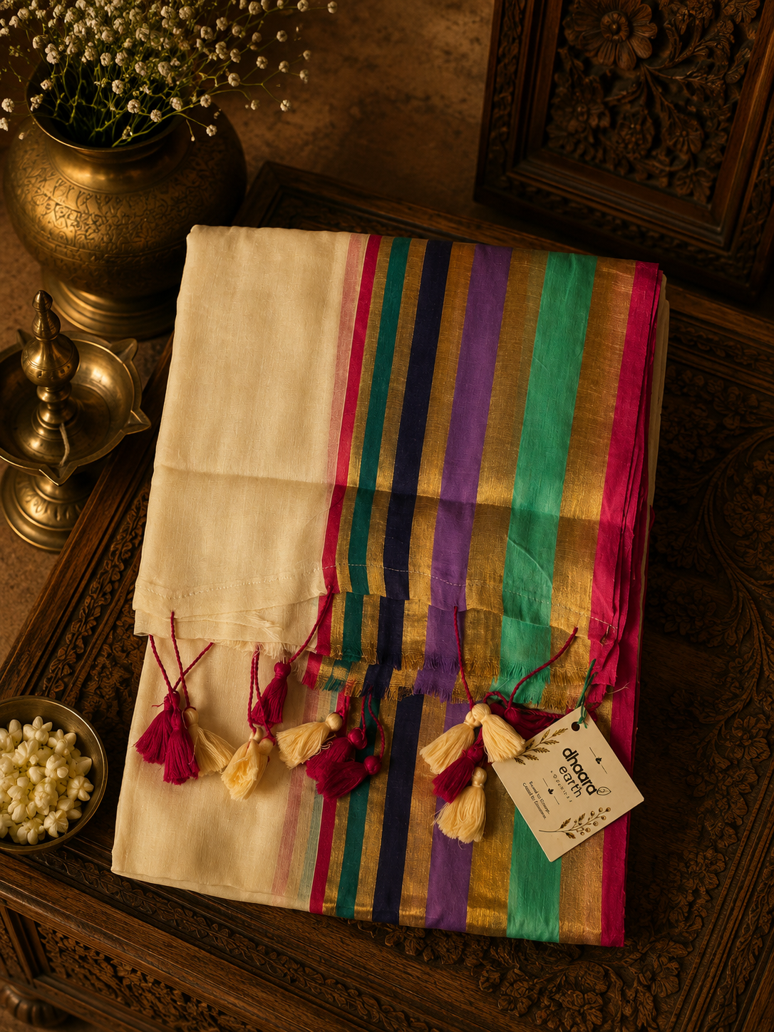 Off white mul cotton saree with multicoloured border