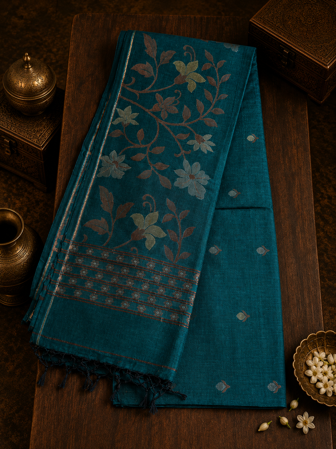 Teal Green Handwoven Soft Cotton Saree With Paithani Motifs