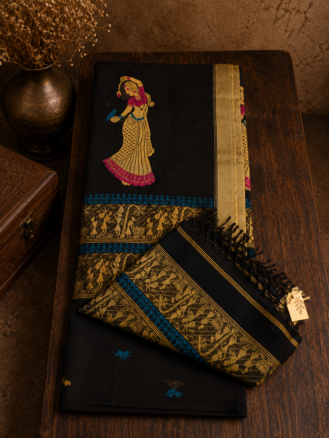 Black Handwoven Soft Cotton Saree With Dancing Doll and Warli Folk Art Motifs
