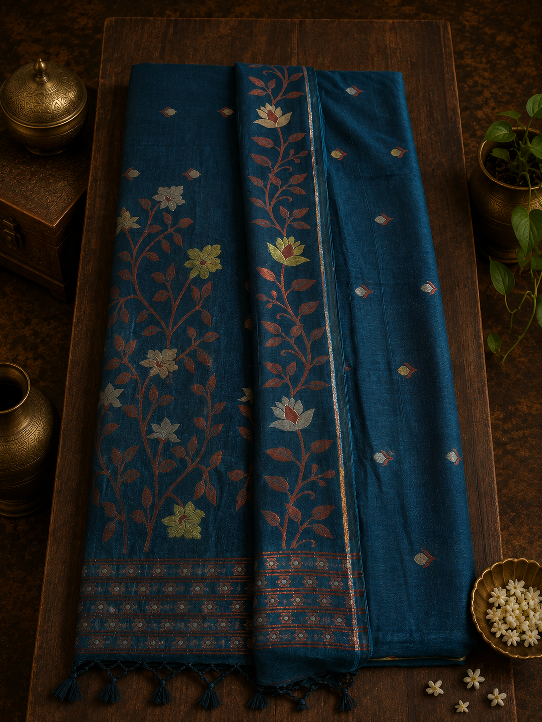 Teal Blue Handwoven Soft Cotton Saree with Paithani Motifs