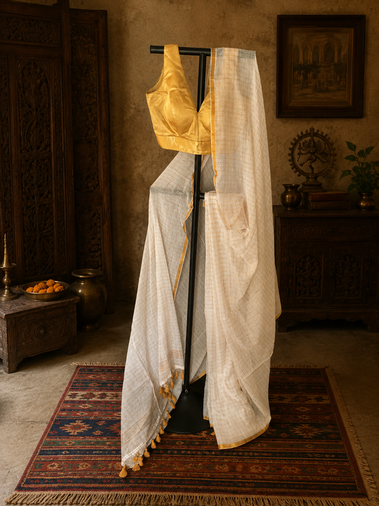 Off white mul cotton saree with golden zari checks and small border