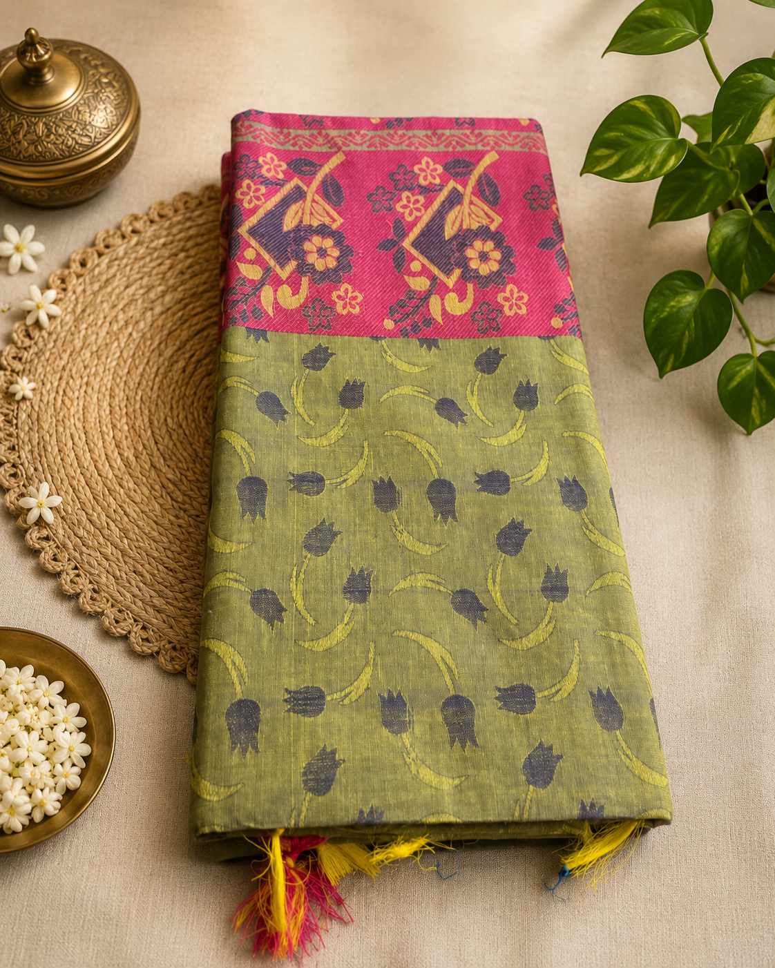 Olive Green and Navy Blue Floral Motifs Pure Cotton Saree with Rose Pink Rich Pallu