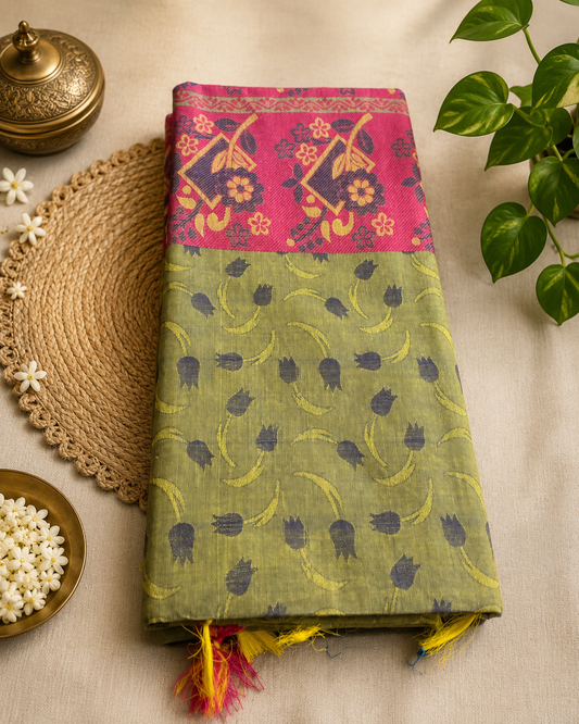 Olive Green and Navy Blue Floral Motifs Pure Cotton Saree with Rose Pink Rich Pallu