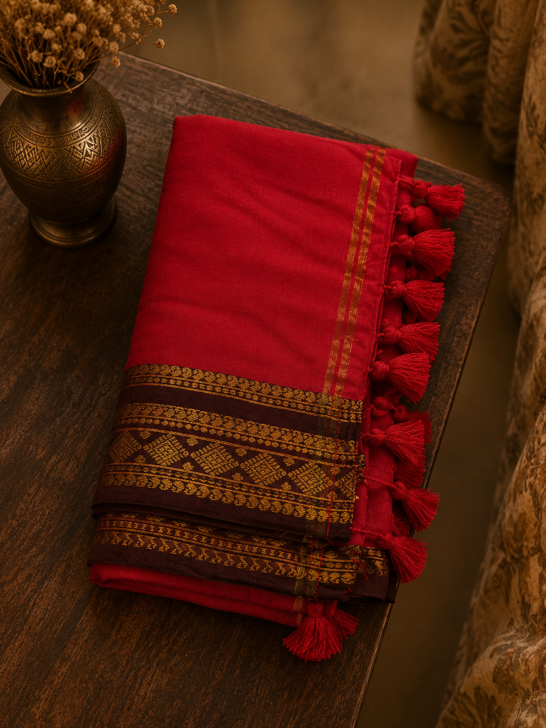 Red Mul Cotton Saree with Coffee Brown and Golden Zari Border