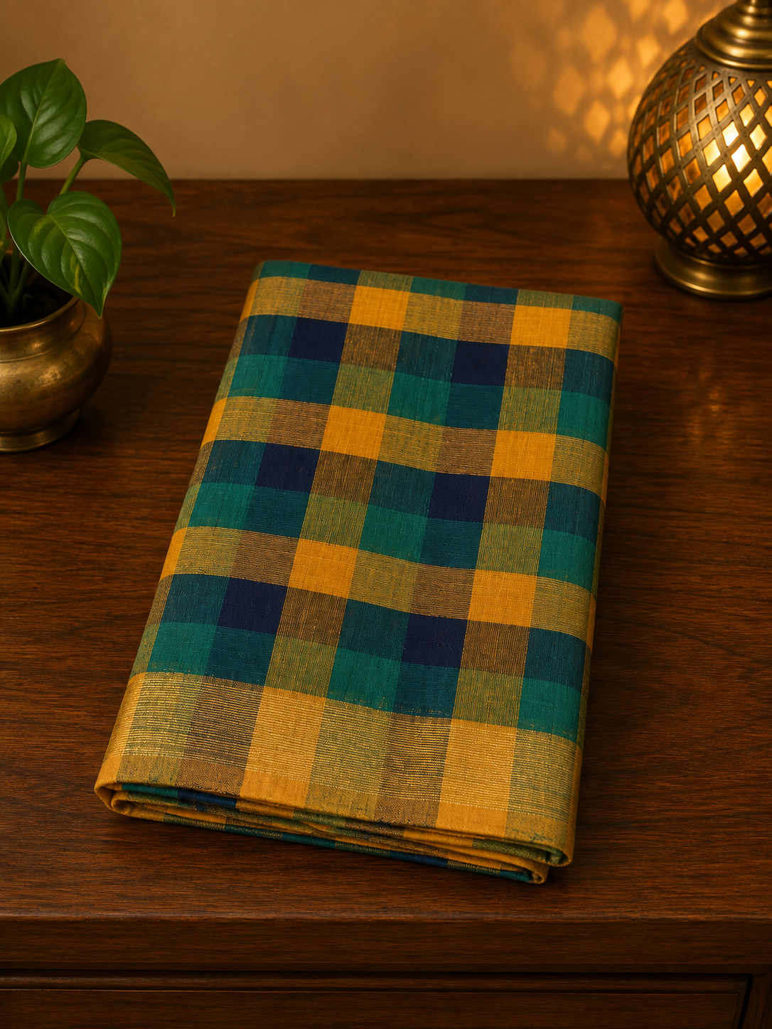 Handwoven cotton saree with green, blue, mustard yellow checks and golden border