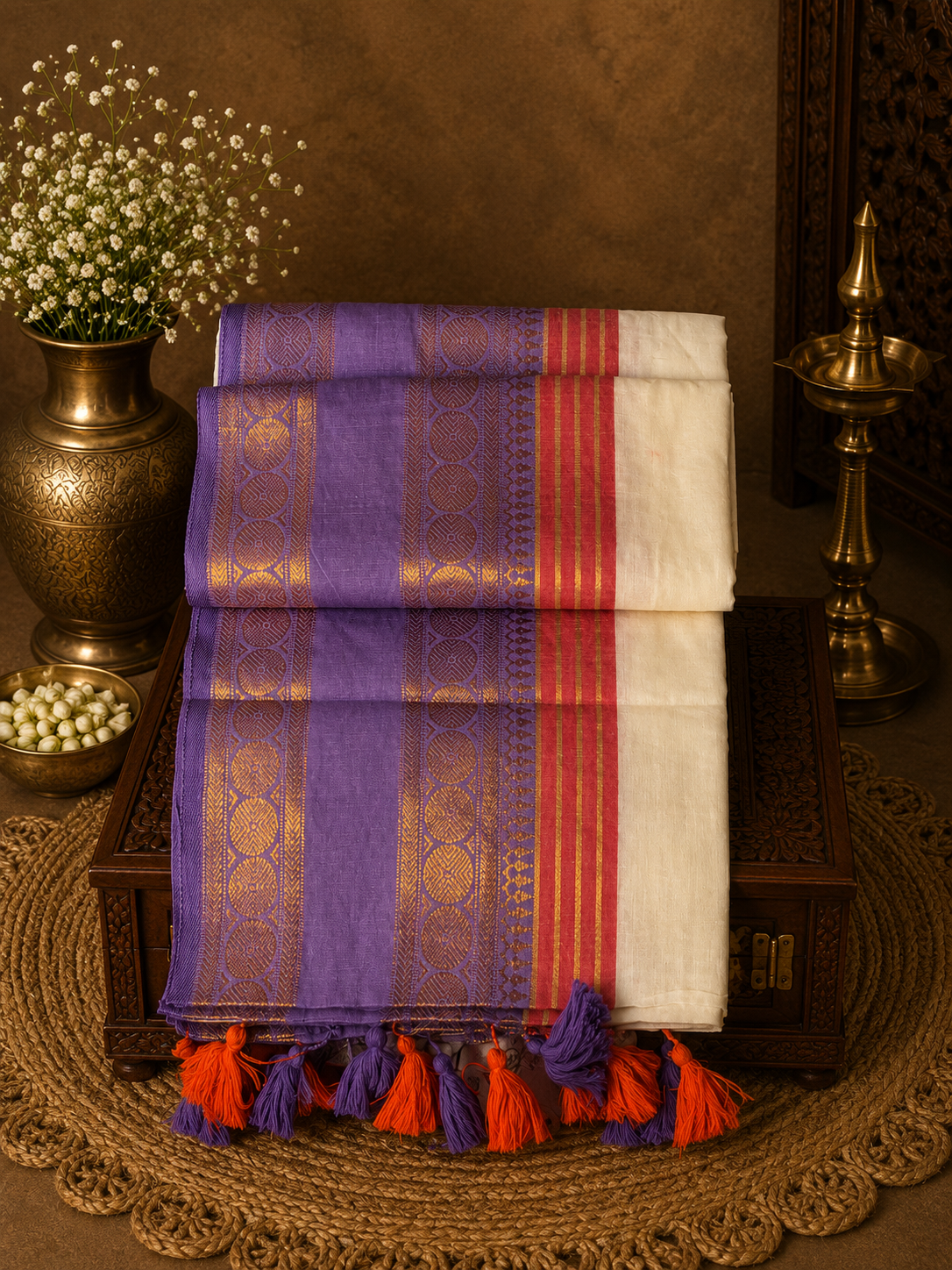 Off white mul cotton saree with purple, red and golden zari border