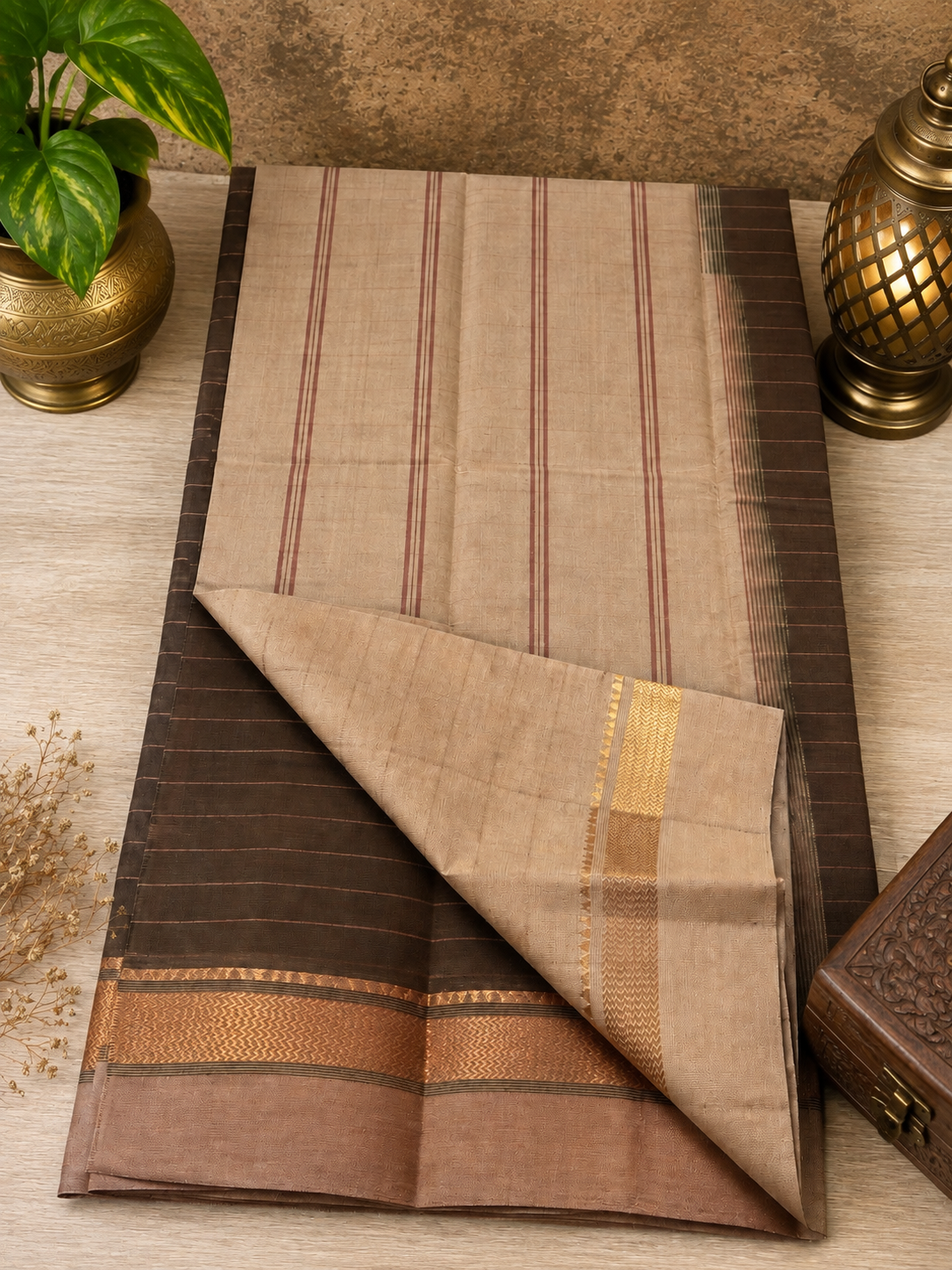 Olive brown handwoven cotton saree with brown and golden zari border and stripes
