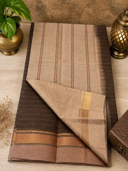 Olive brown handwoven cotton saree with brown and golden zari border and stripes