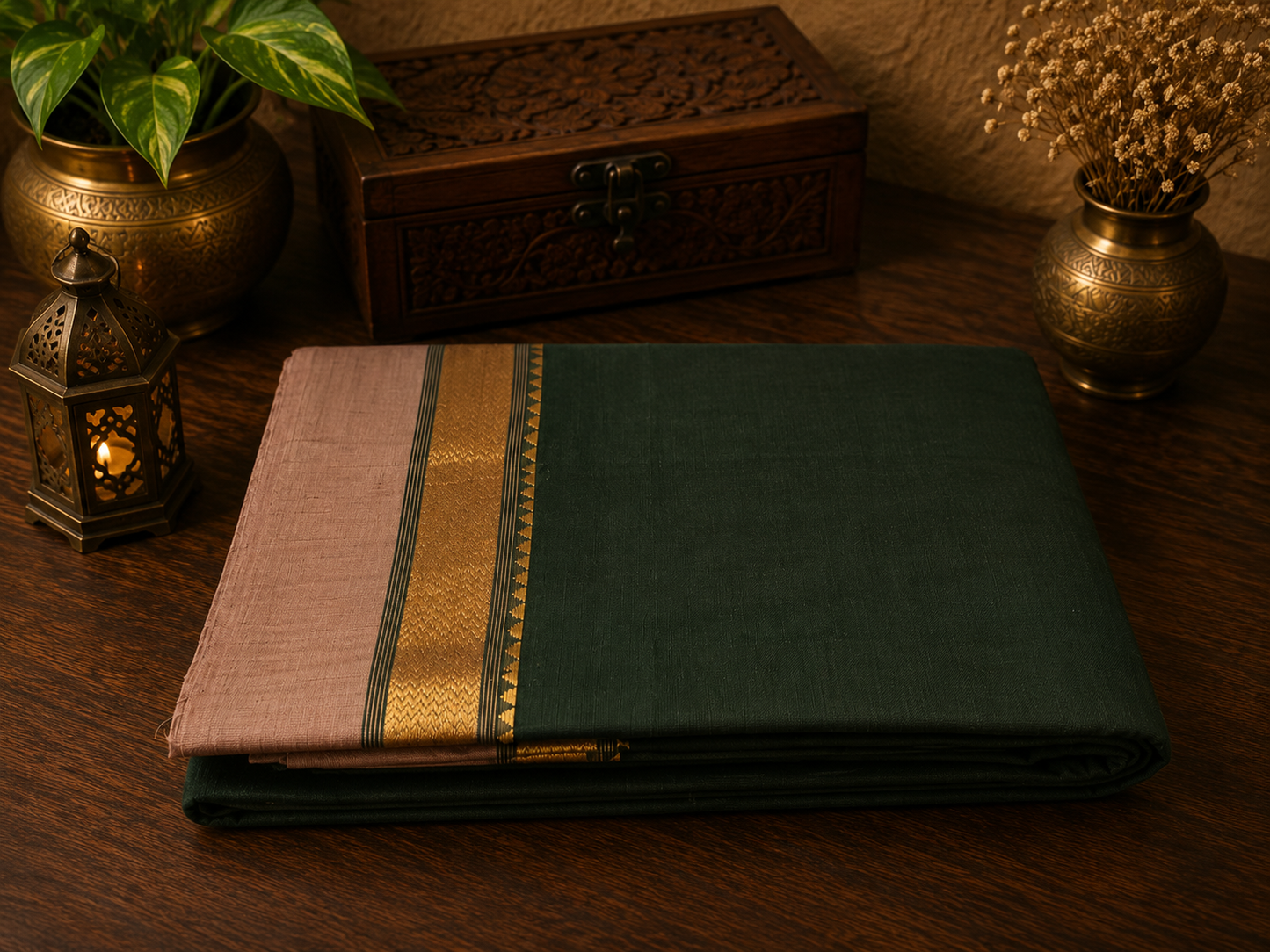 Forest Green Handwoven Cotton Saree With Beige and Golden Zari Border