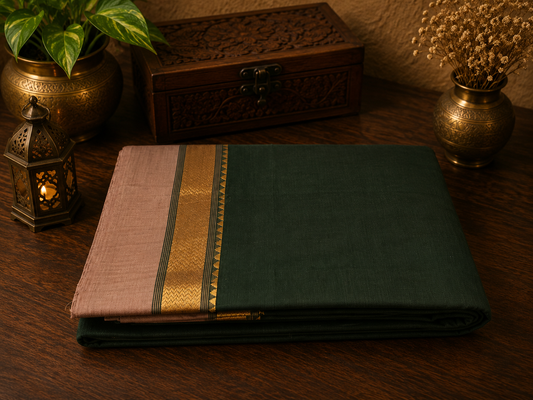 Forest Green Handwoven Cotton Saree With Beige and Golden Zari Border