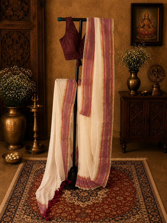 Off white mul cotton saree with purple golden zari border