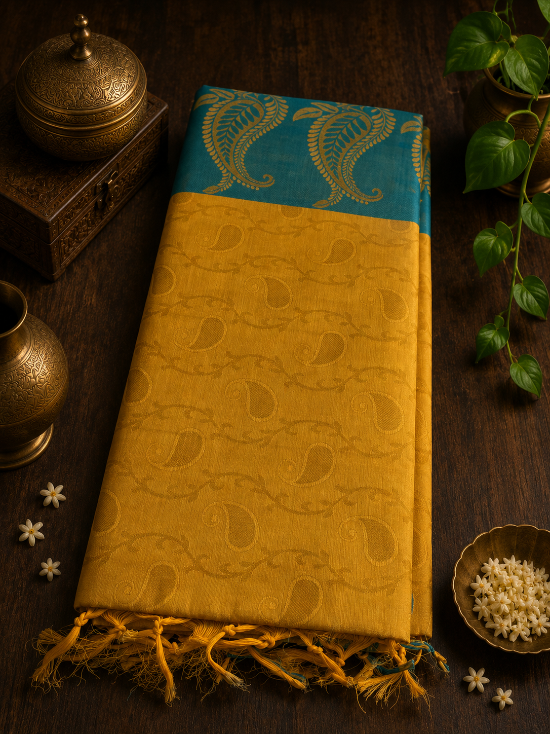 Mustard Yellow and Teal Blue Pure Cotton Saree with Rich Pallu
